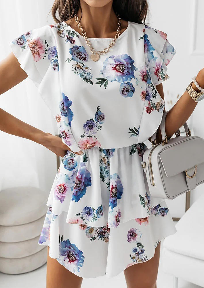 

Floral Layered Elastic Waist Mini Dress - White, 507093