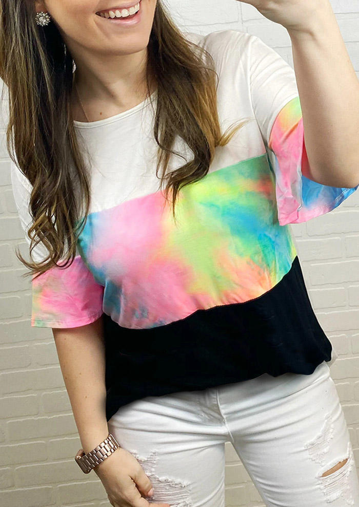 

Tie Dye Color Block Flare Sleeve Blouse, Multicolor, 507103