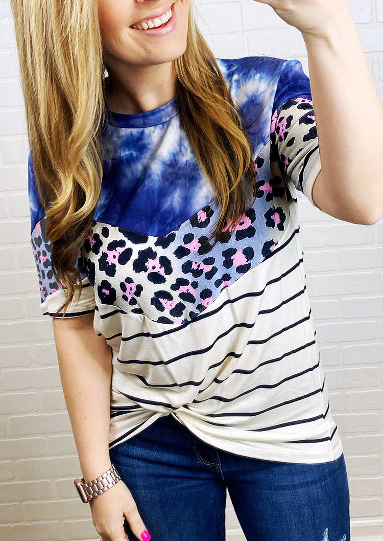 

Tie Dye Leopard Striped Color Block Twist Blouse, Multicolor, 507109