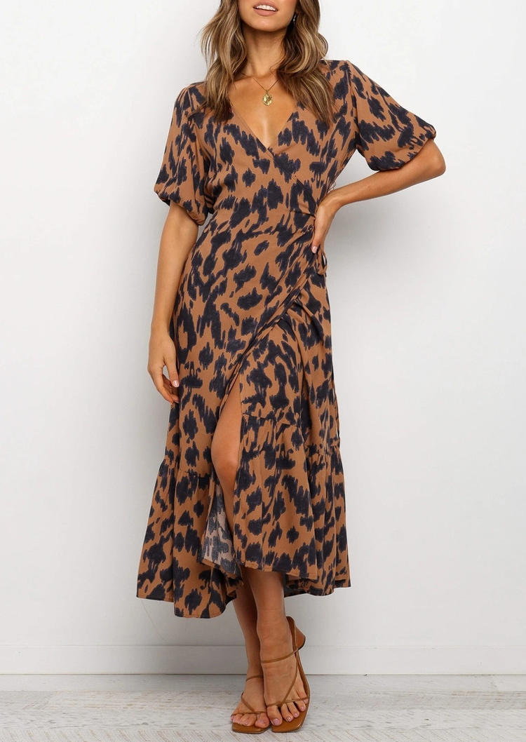 

Leopard V-Neck Tie Midi Dress, 507110