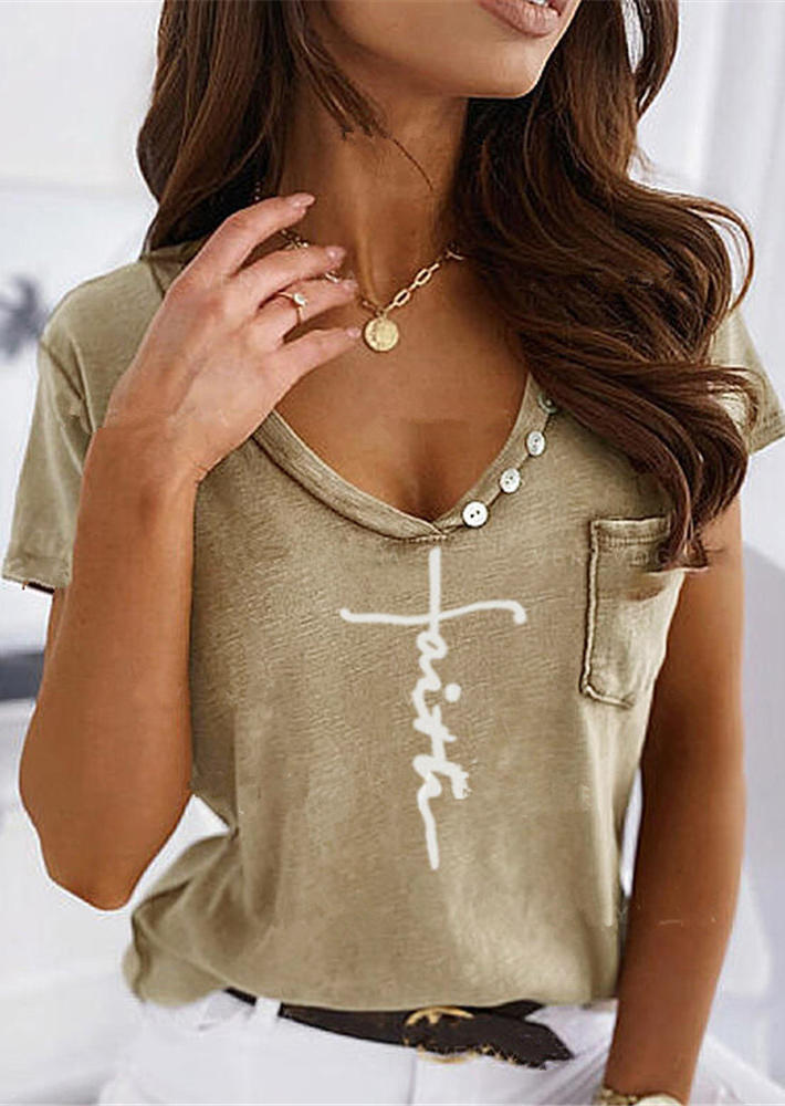 

Faith Button Pocket Casual Blouse - Khaki, 507115