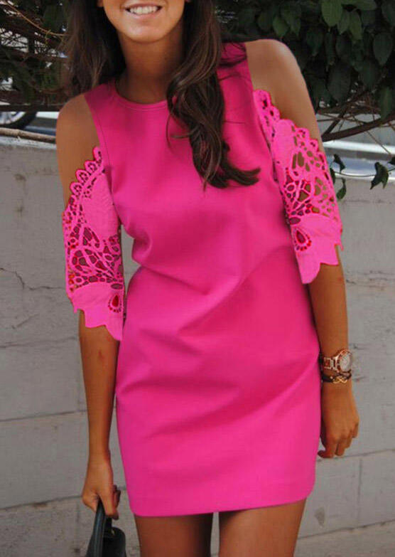 

Lace Splicing Cold Shoulder Mini Dress - Rose Red, 507119