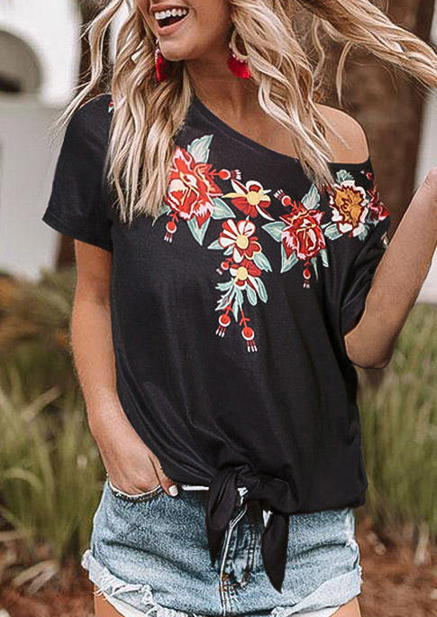 

Floral Tie Short Sleeve O-Neck Blouse - Black, 507125