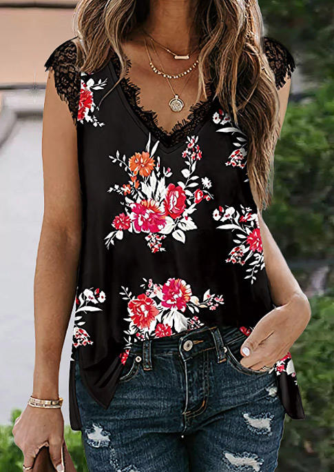 

Floral Lace Splicing V-Neck Slit Blouse - Black, 507126
