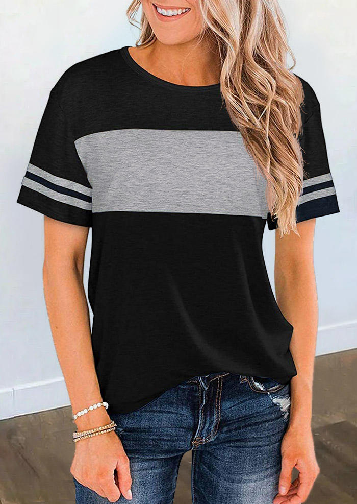 

Color Block O-Neck T-Shirt Tee - Black, 507127