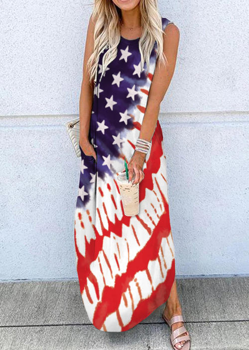 

American Flag Star Pocket Sleeveless Maxi Dress, Multicolor, 507128