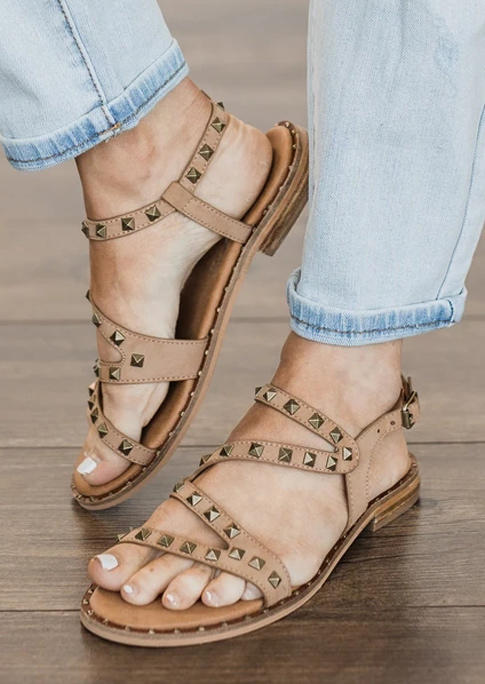 

Summer Rivet Buckle Strap Flat Sandals, Apricot, 507139