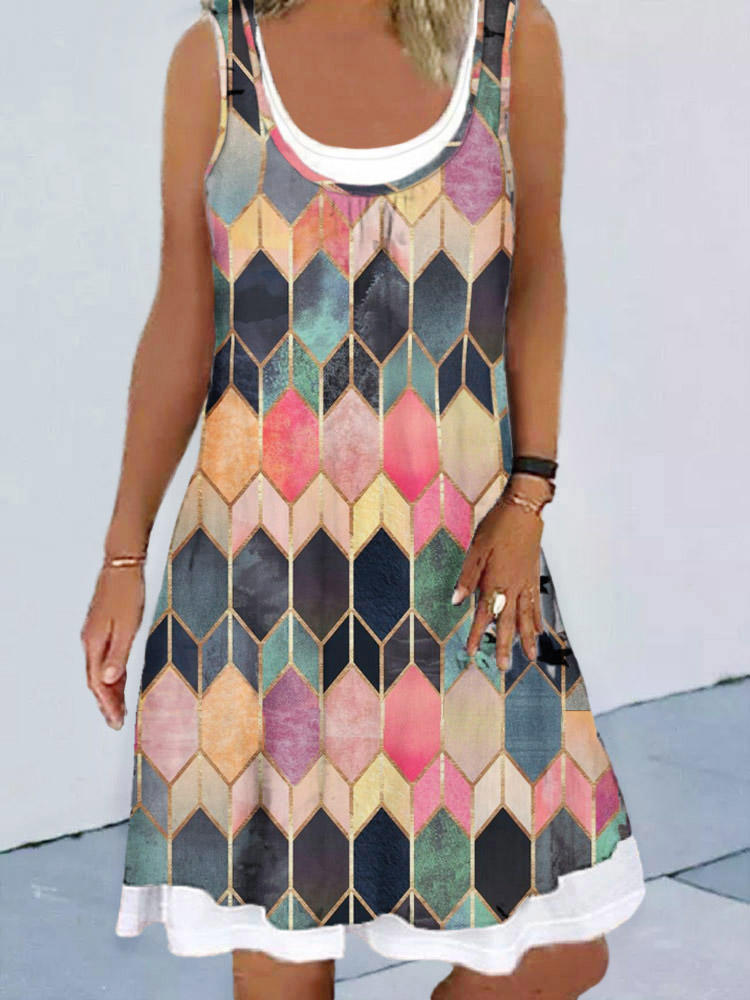 

Colorful Geometric Sleeveless Fake Two-Piece Mini Dress, Multicolor, 507143