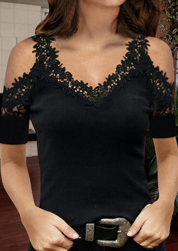 

Lace Splicing V-Neck Cold Shoulder Blouse - Black, 507147