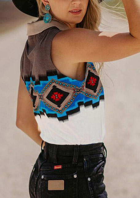 

Aztec Geometric Turn-Down Collar Tank, Multicolor, 507153
