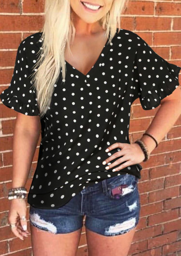 

Polka Dot Flare Sleeve V-Neck Blouse - Black, 507171