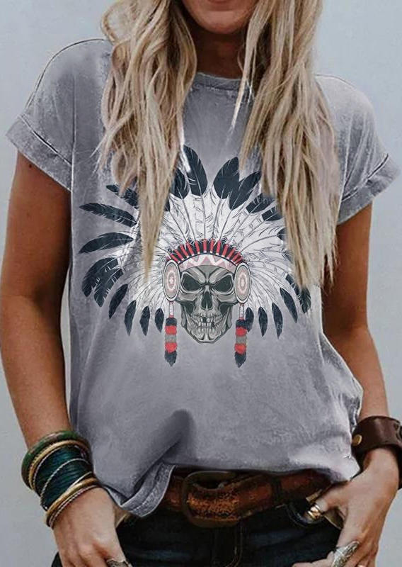 

Vintage Aztec Feather Skull T-Shirt Tee - Light Grey, 507172