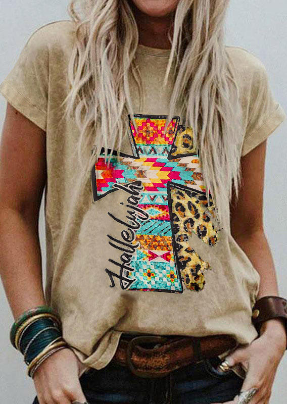 

Cross Leopard Hallelujah Western T-Shirt Tee - Khaki, 507176