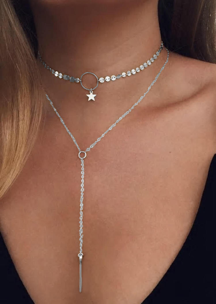 

Bohemian Star Hollow Out Double-Layered Necklace, Silver, 507217