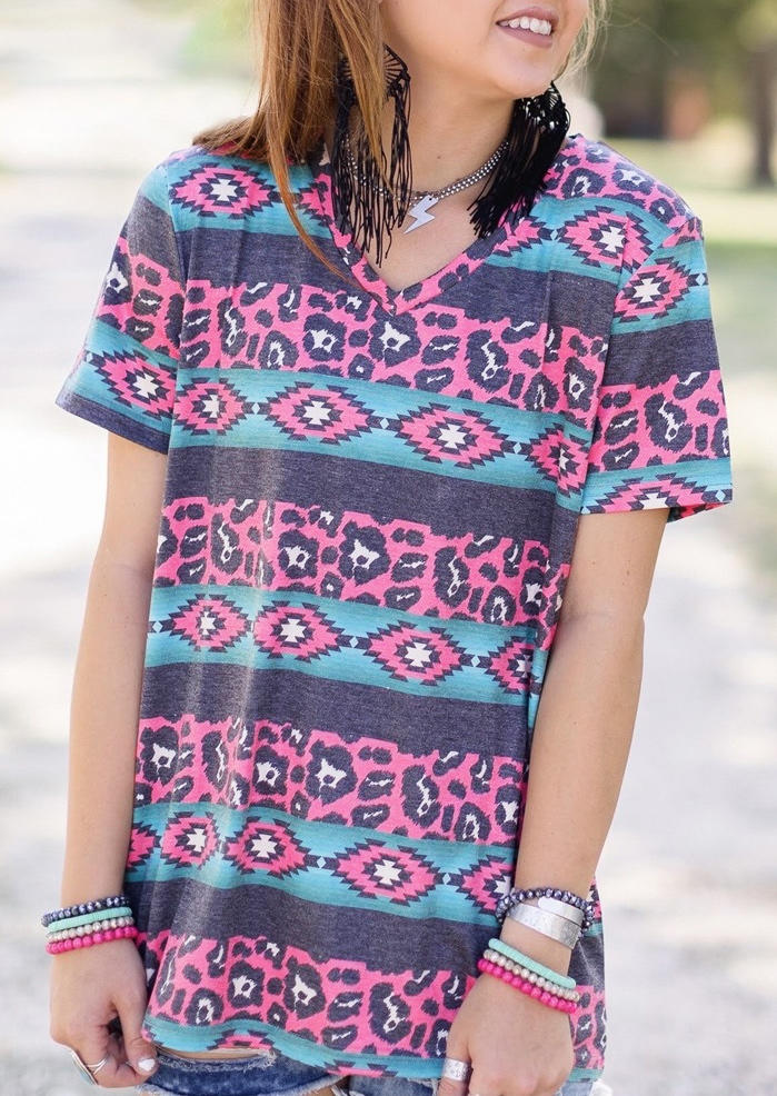 

Aztec Geometric Leopard V-Neck Blouse, Multicolor, 507218