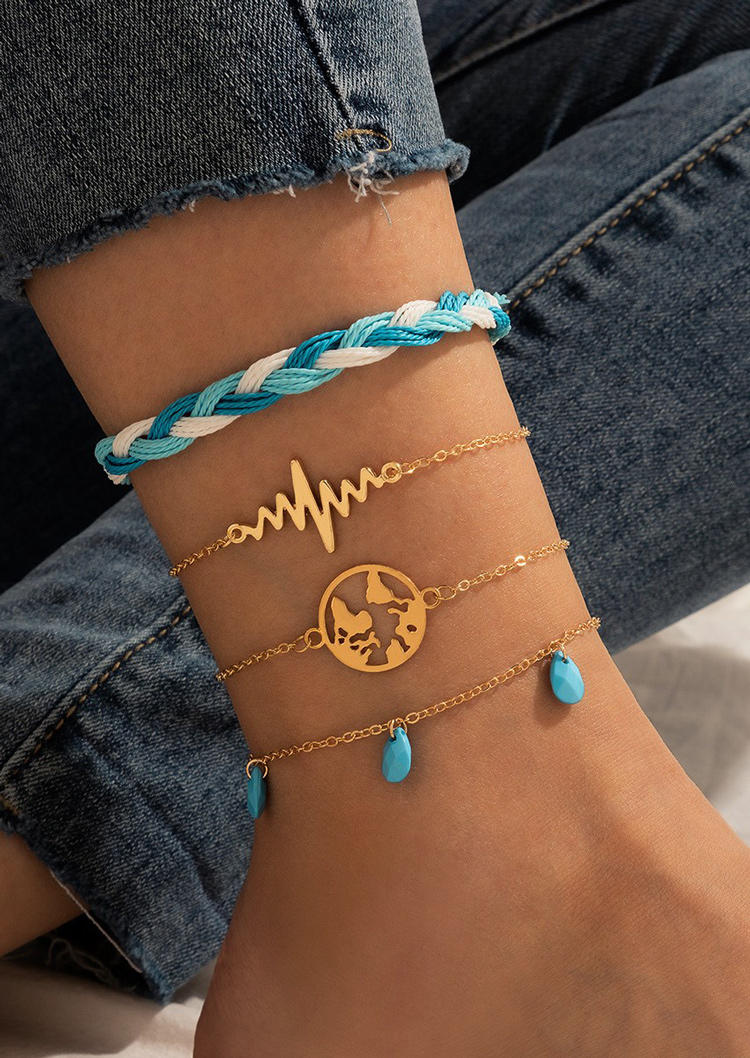 

4Pcs Map ECG Heartbeat Braided Anklet Set - Blue, 507221