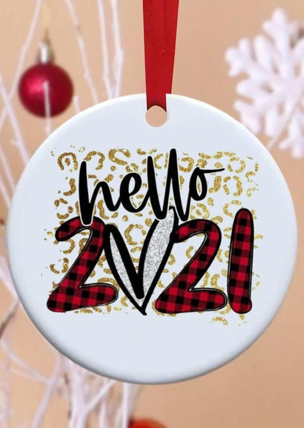 

Hello 2021 Leopard Buffalo Plaid Hanging Ornament, Red, 492700