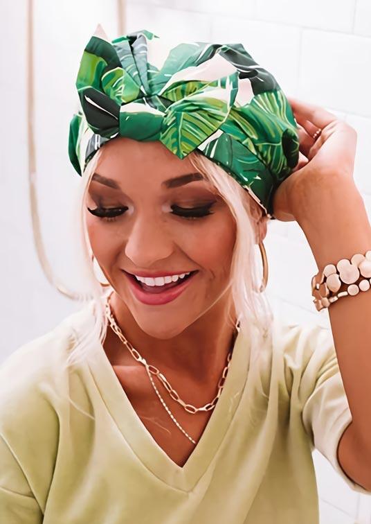 

Waterproof Palm Leaf Bowknot Shower Cap, Green, 502082