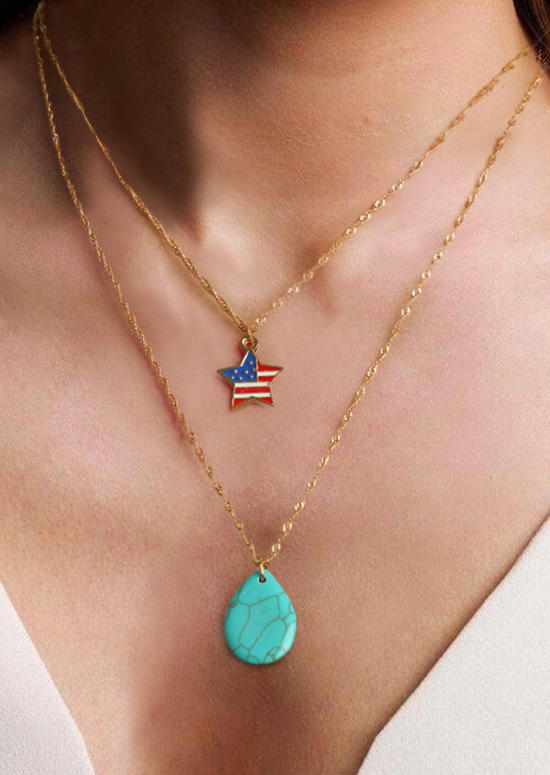 

2Pcs American Flag Star Striped Water Drop Turquoise Necklace Set, Gold, 505686