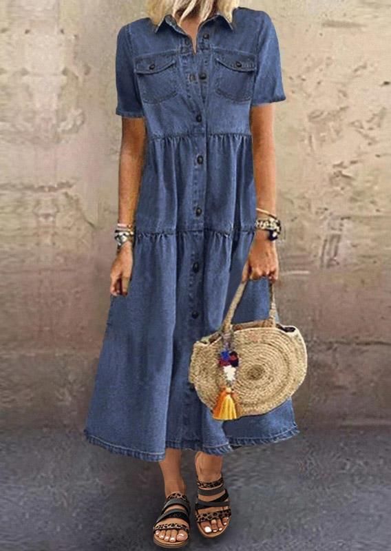

Button Pocket Turn-down Collar Maxi Dress - Blue, 505953