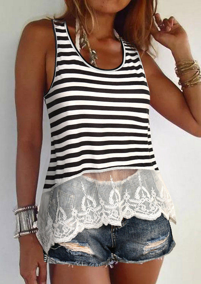 

Striped Lace Splicing Casual Tank, Multicolor, 506912