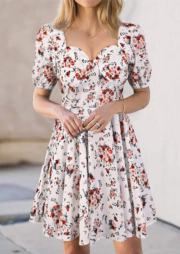 

Floral Ruffled Elastic Cuff Mini Dress - White, 507044