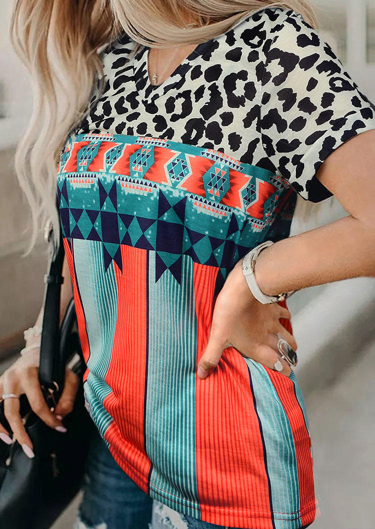 

Leopard Aztec Striped Short Sleeve Blouse, Multicolor, 507087