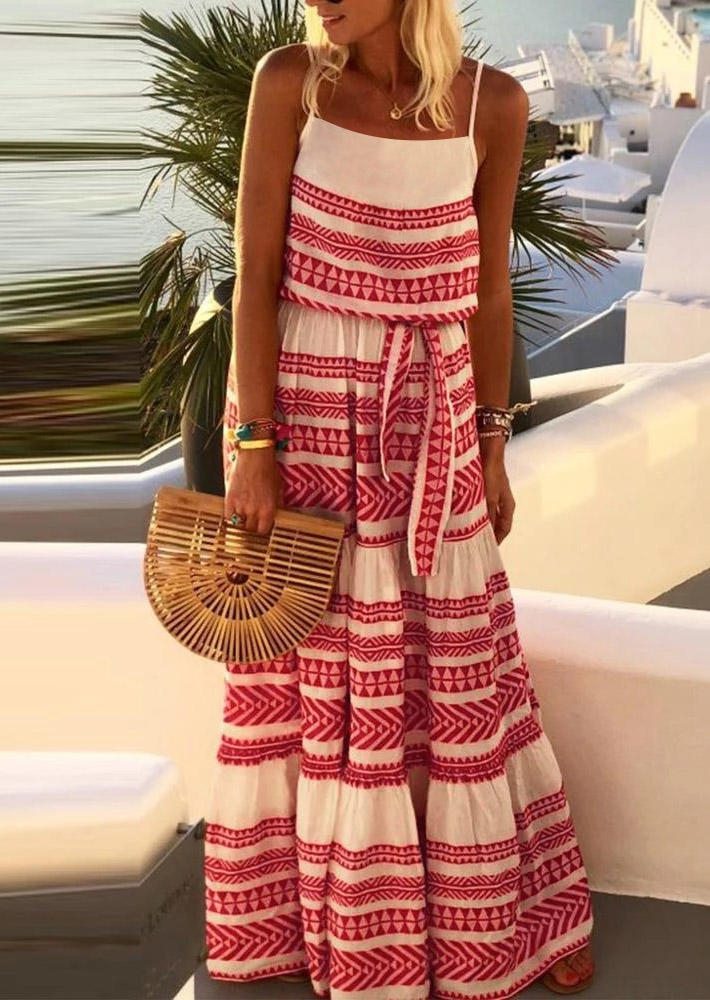 

Bohemian Geometric Tie Adjustable Strap Maxi Dress - Red, 507097