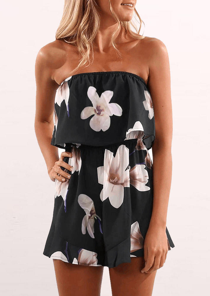 

Floral Layered Strapless Elastic Waist Romper - Black, 507144
