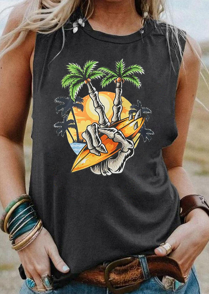 Surfboard Skull Hand Palm Tree Tank - Dark Grey, 507181