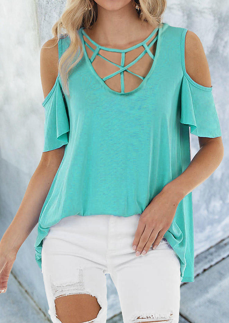 

Hollow Out Criss-Cross Cold Shoulder Blouse - Cyan, 507184