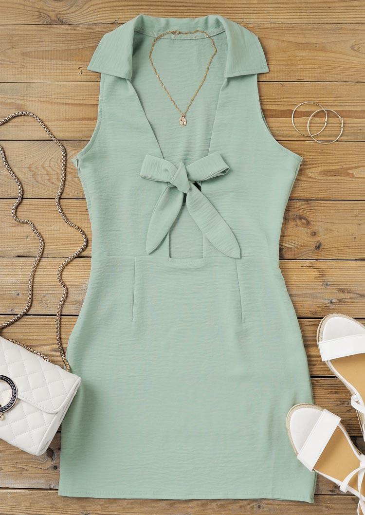 Hollow Out Tie Front Sleeveless Bodycon Dress - Light Green