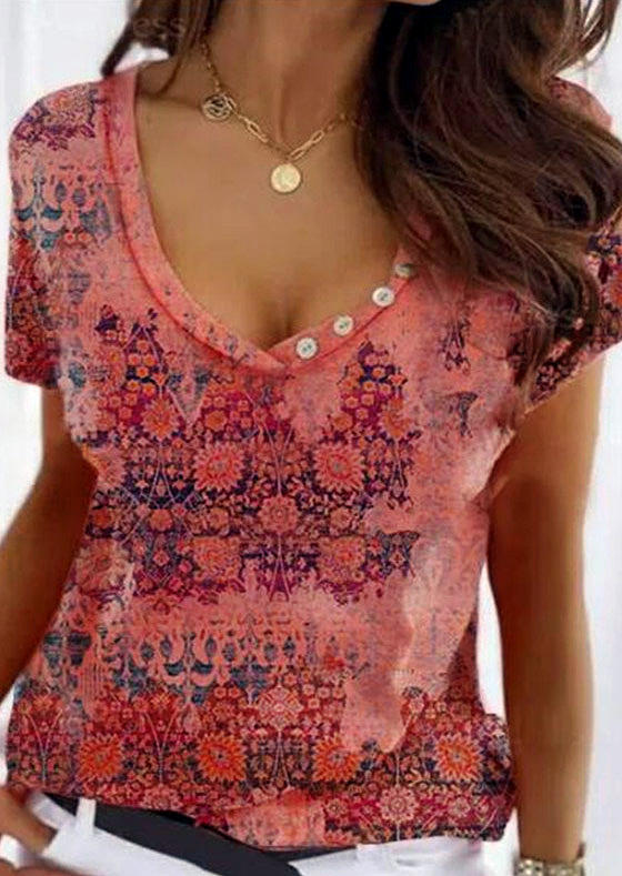 

Floral Button V-Neck T-Shirt Tee, Multicolor, 507212