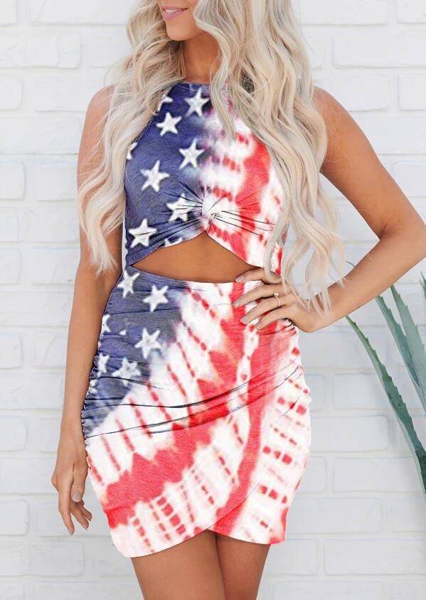 American Flag Star Hollow Out Twist Bodycon Dress - Bellelily