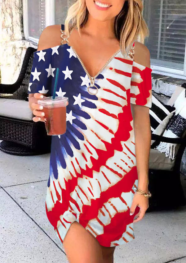 

American Flag Star Pocket Cold Shoulder Mini Dress, Multicolor, 507276