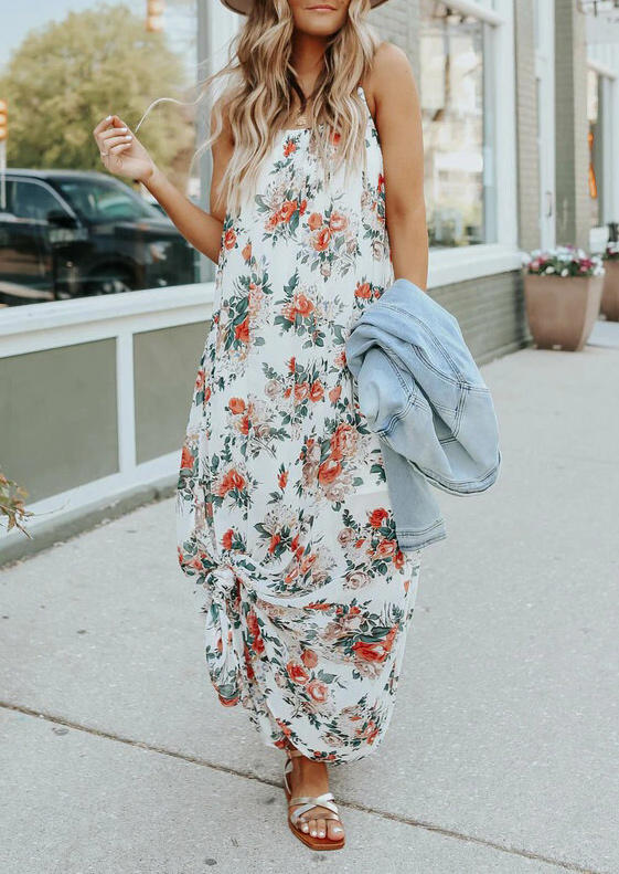 

Floral Pocket Adjustable Strap Maxi Dress - White, 507286