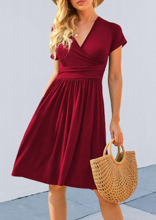 

Wrap V-Neck Casual Mini Dress - Burgundy, 507296