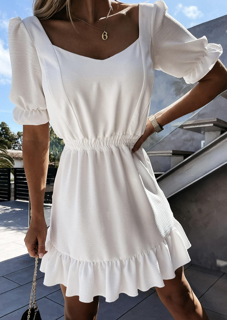 

Elastic Waist Ruffled Mini Dress - White, 507321
