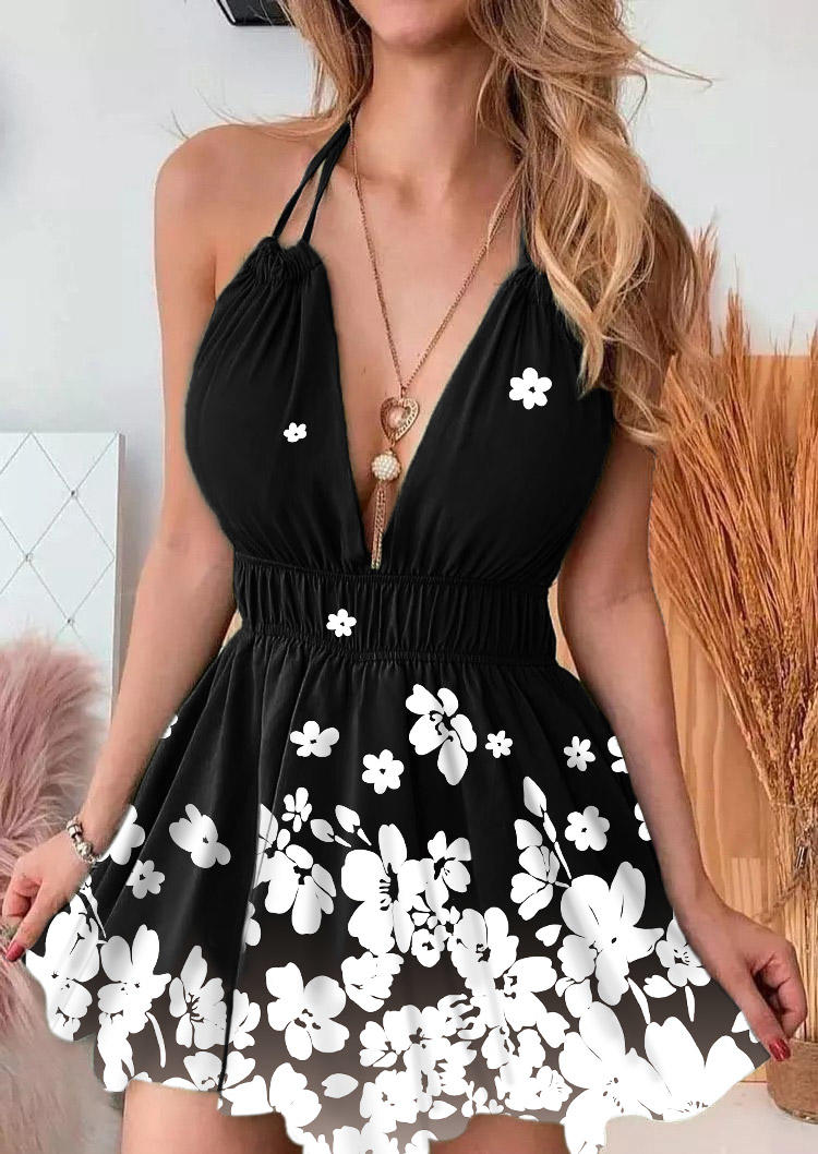 

Floral Deep V-Neck Open Back Halter Mini Dress - Black, 507342