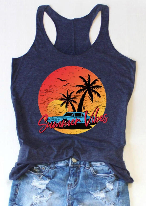

Summer Vibes Sunset Coconut Tree Racerback Tank - Navy Blue, 507054