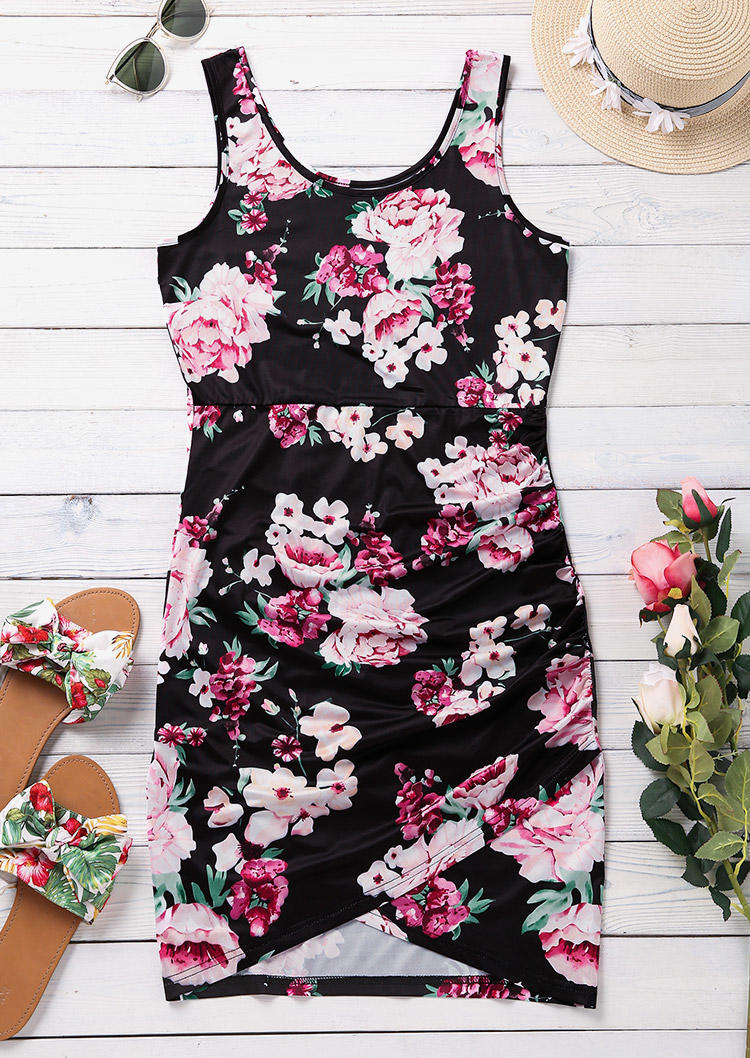 Floral Ruched Sleeveless Bodycon Dress - Black