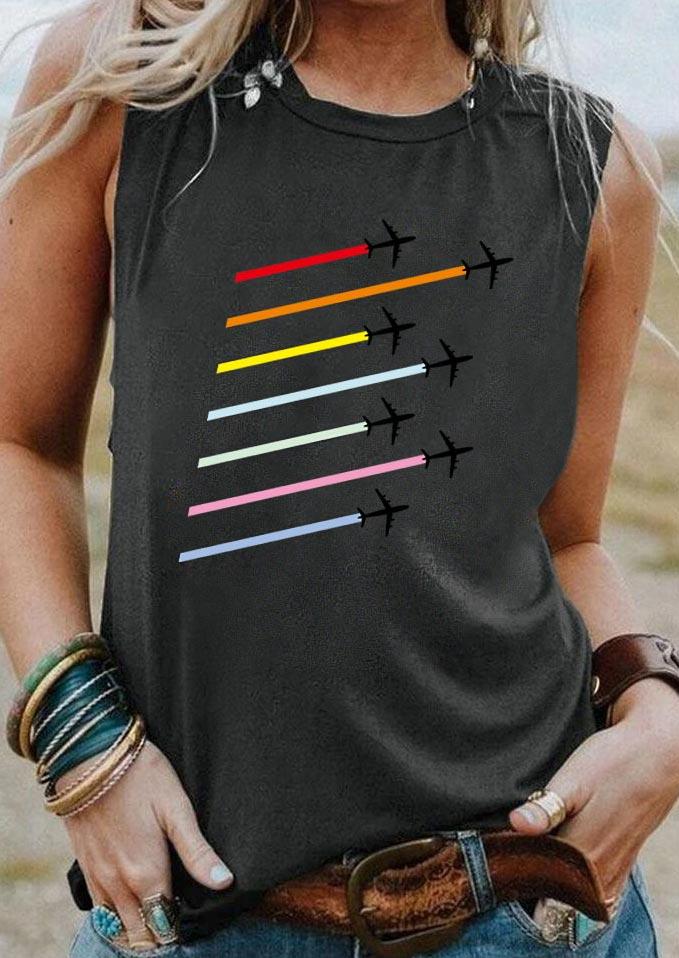 

Colorful Striped Airplane O-Neck Tank - Dark Grey, 507247