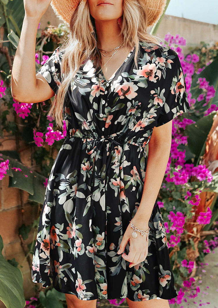 

Floral Button Drawstring V-Neck Mini Dress, Multicolor, 507268