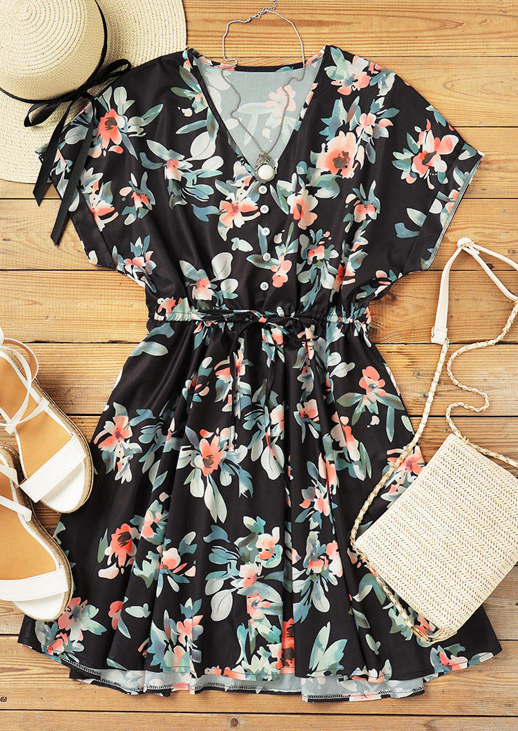 Floral Button Drawstring V-Neck Mini Dress