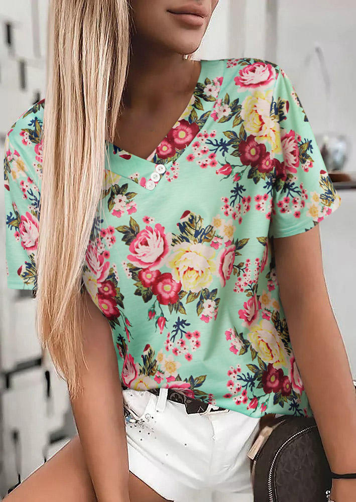 

Floral Button V-Neck Blouse - Green, 507329