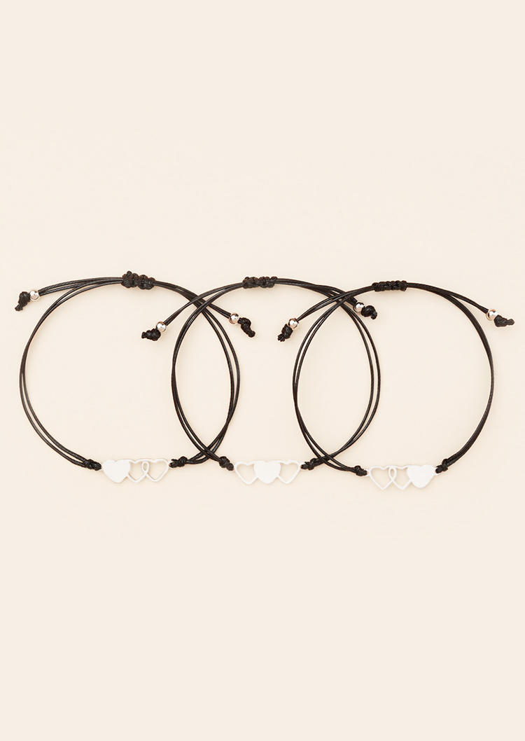 3Pcs Hollow Out Heart Adjustable Braided Bracelet Set - Black