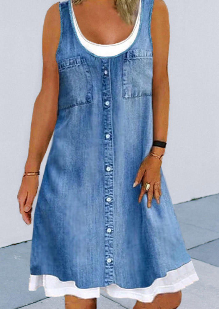 

Color Block Sleeveless Fake Two-Piece Mini Dress - Blue, 507344