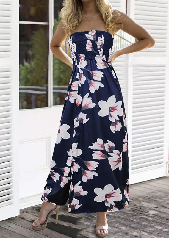 

Floral Ruffled Strapless Maxi Dress - Navy Blue, 507353