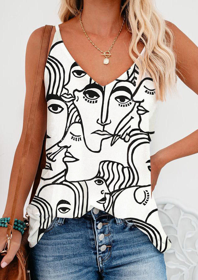

Abstract Face Adjustable Strap V-Neck Camisole - White, 507354