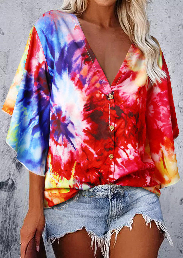 

Tie Dye Ruffled Button Batwing Sleeve V-Neck Blouse, Multicolor, 507381